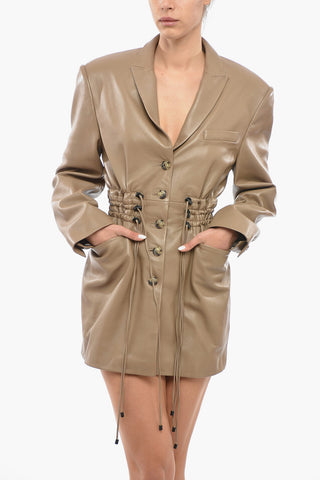 Drawstring Leather IRBID Mini Dress with Peak Lapel