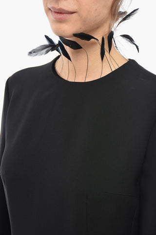 Long Sleeved Sheath CADY Dress with Removable Feathers Detail