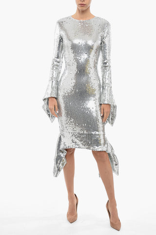 Bell Sleeved Asymmetrical Hem Sequined Dress