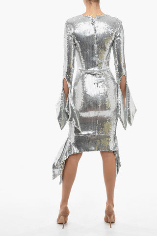 Bell Sleeved Asymmetrical Hem Sequined Dress