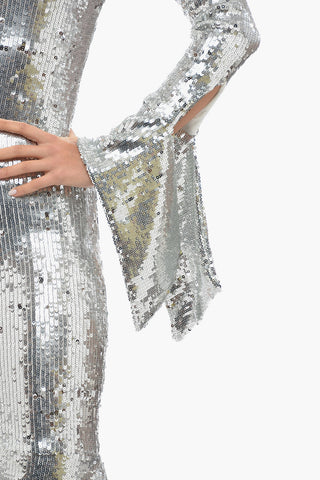 Bell Sleeved Asymmetrical Hem Sequined Dress