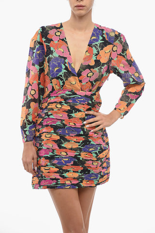 Floral-Printed Empire Mini Dress With Glitter