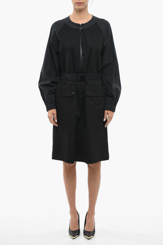 Half-zipped Cotton Dress with Logoed Belt