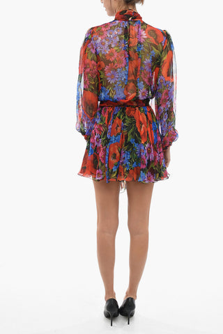 Silk Chiffon Flared Dress with Floral Motif