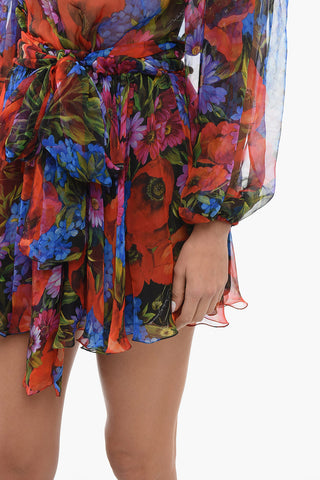 Silk Chiffon Flared Dress with Floral Motif