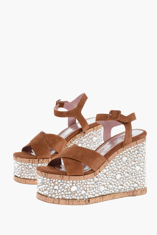 Leather Sandals with Rhinestones Embelished Wedge 13 cm