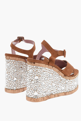 Leather Sandals with Rhinestones Embelished Wedge 13 cm
