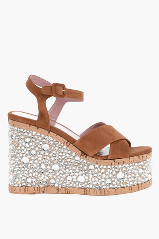 Leather Sandals with Rhinestones Embelished Wedge 13 cm
