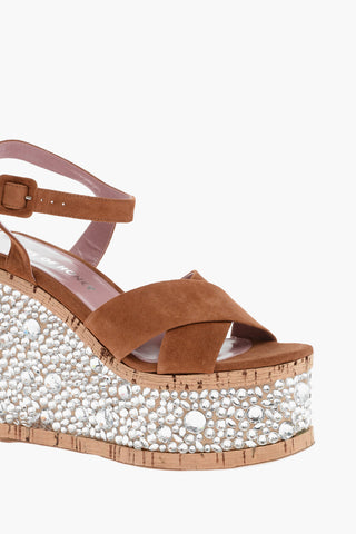 Leather Sandals with Rhinestones Embelished Wedge 13 cm