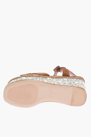 Leather Sandals with Rhinestones Embelished Wedge 13 cm