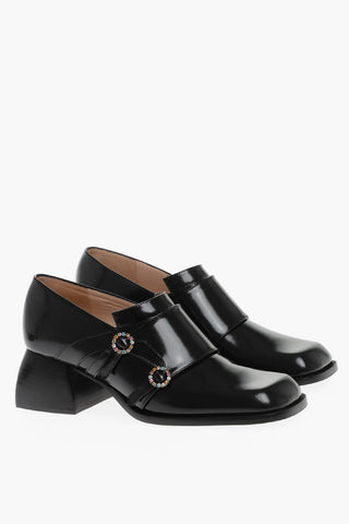 Pumps in Pelle con Fibbie Gioiello e Tacco Squadrato 5 cm