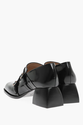 Pumps in Pelle con Fibbie Gioiello e Tacco Squadrato 5 cm