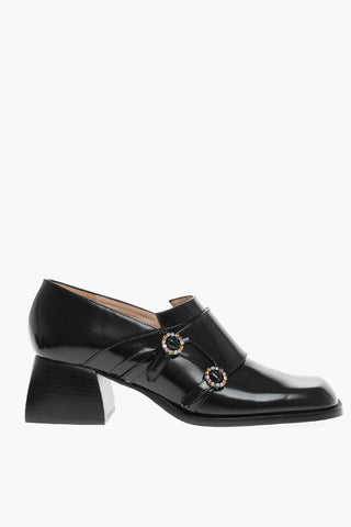 Pumps in Pelle con Fibbie Gioiello e Tacco Squadrato 5 cm