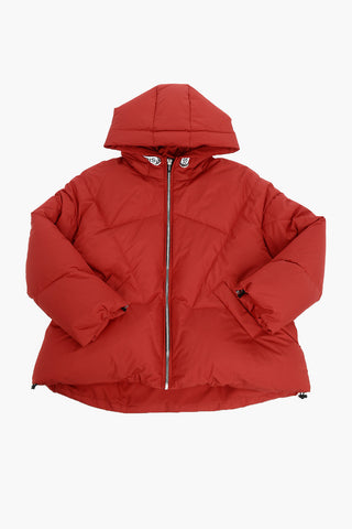 Solid Color Down Jacket with Hood and Logoed Details