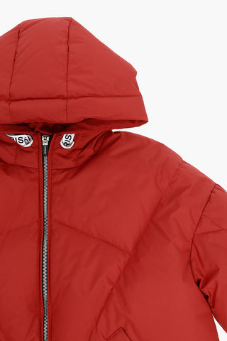 Solid Color Down Jacket with Hood and Logoed Details