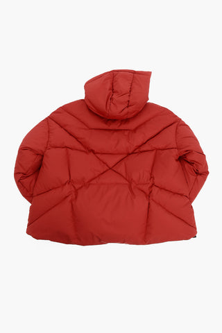 Solid Color Down Jacket with Hood and Logoed Details