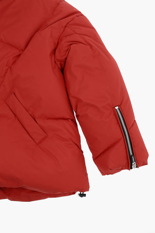 Solid Color Down Jacket with Hood and Logoed Details