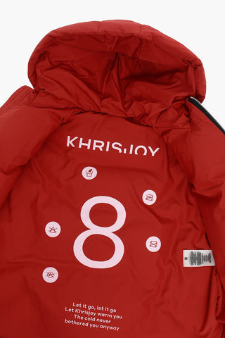 Solid Color Down Jacket with Hood and Logoed Details