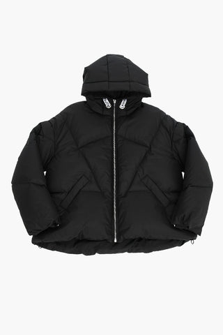 Solid Color Down Jacket with Hood and Logoed Details