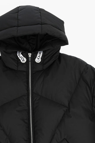 Solid Color Down Jacket with Hood and Logoed Details
