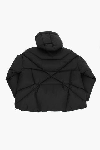 Solid Color Down Jacket with Hood and Logoed Details