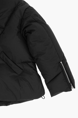 Solid Color Down Jacket with Hood and Logoed Details