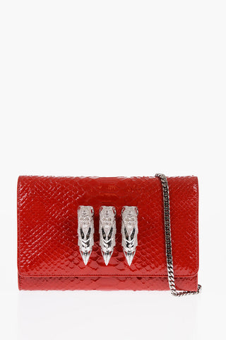 Crocodile Effect Patent Leather Clutch Decorated with Claw Rings 