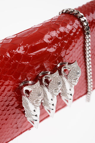 Crocodile Effect Patent Leather Clutch Decorated with Claw Rings