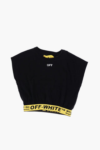 Solid Color Crop T-Shirt with Logoed Industrial Band