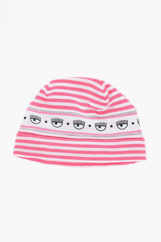 Two-Tone Striped Beanie with Logoed Band and Glitter Detail