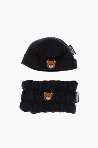 Teddy Bear Embroidered Nylon Neck Warmer and Beanie Set