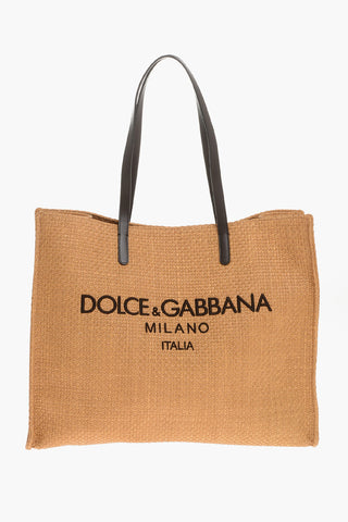 Raffia Tote Bag with Embroidered Logo and Leather Trimmings 