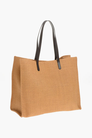 Raffia Tote Bag with Embroidered Logo and Leather Trimmings 
