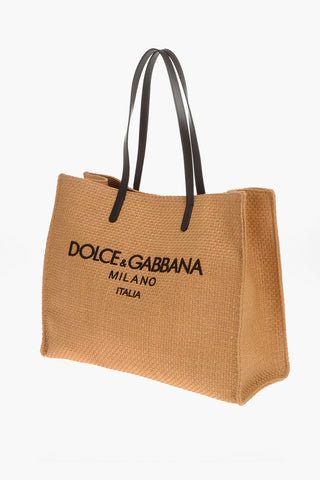 Raffia Tote Bag with Embroidered Logo and Leather Trimmings 