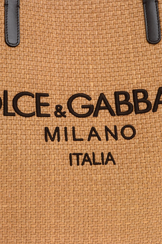 Raffia Tote Bag with Embroidered Logo and Leather Trimmings 