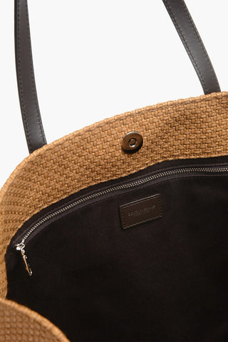 Raffia Tote Bag with Embroidered Logo and Leather Trimmings 
