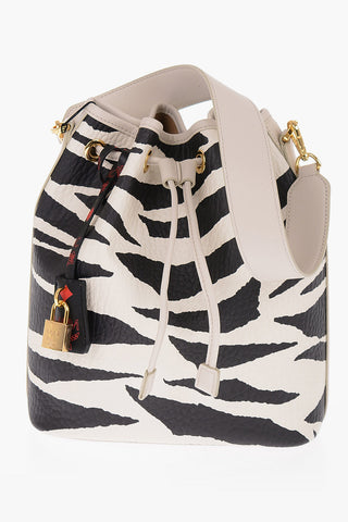 Animal Motif Textured Leather Bucket Bag with Matched Pouch