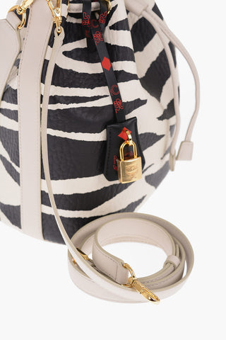 Animal Motif Textured Leather Bucket Bag with Matched Pouch