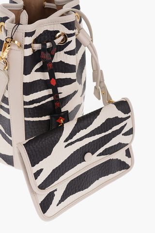 Animal Motif Textured Leather Bucket Bag with Matched Pouch