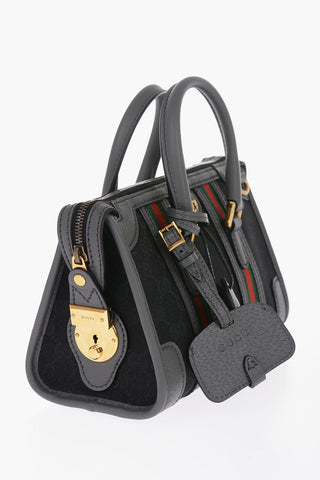 Leather and Fabric Bowler Bag with Golden GG Monogram and Removable Shoulder Strap