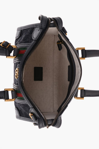 Leather and Fabric Bowler Bag with Golden GG Monogram and Removable Shoulder Strap