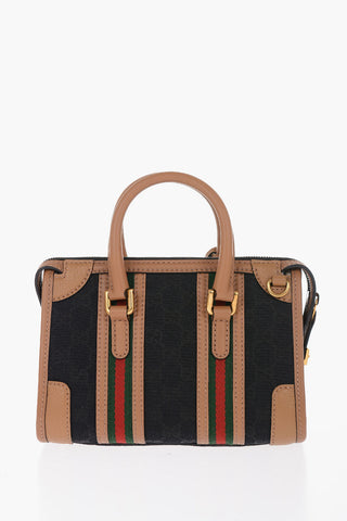 Leather and Fabric Bowler Bag with Golden GG Monogram and Removable Shoulder Strap