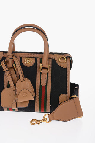 Leather and Fabric Bowler Bag with Golden GG Monogram and Removable Shoulder Strap