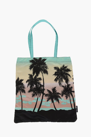 Patterned GREEN SUNSET Shopper Bag with Leather Trims