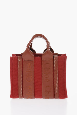 Linen WOODY Tote Bag with Leather Details and Removable Shoulder Strap