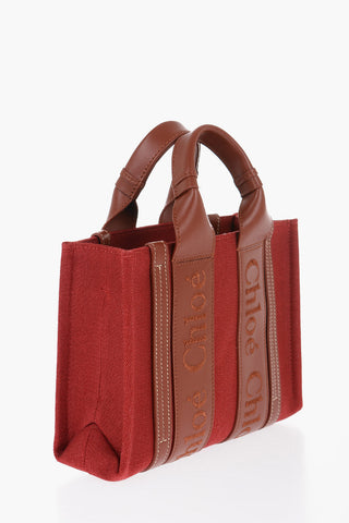 Linen WOODY Tote Bag with Leather Details and Removable Shoulder Strap