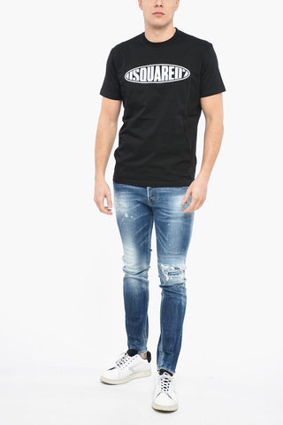 Crew Neck Cotton T-Shirt with Rubberised Logo