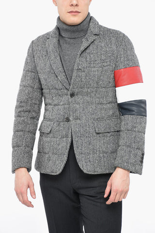 Padded Herringbone Blazer with Three-tone Leather Detail