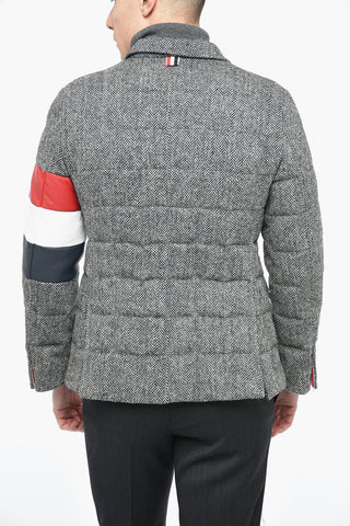 Padded Herringbone Blazer with Three-tone Leather Detail