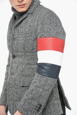 Padded Herringbone Blazer with Three-tone Leather Detail